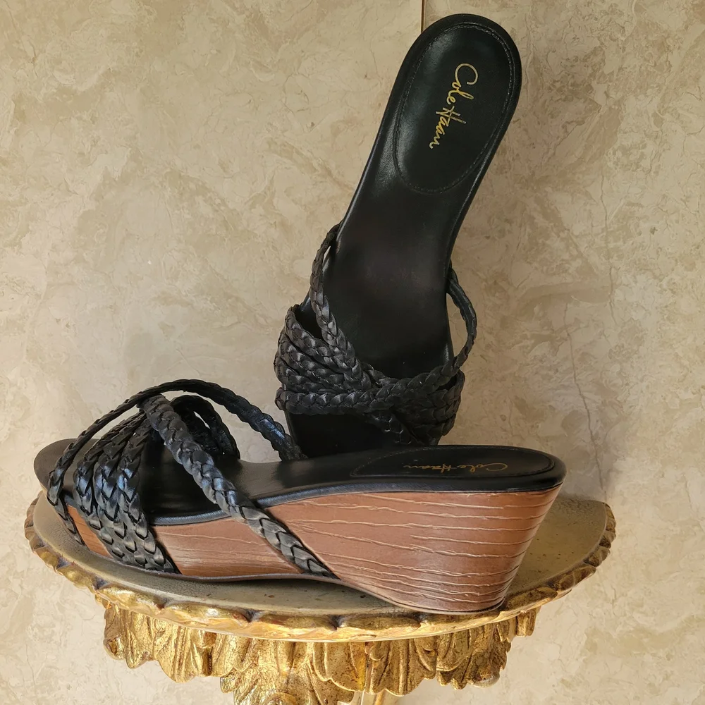 Cole Haan Black Braided Wedge Sandals - Picture 1 of 6